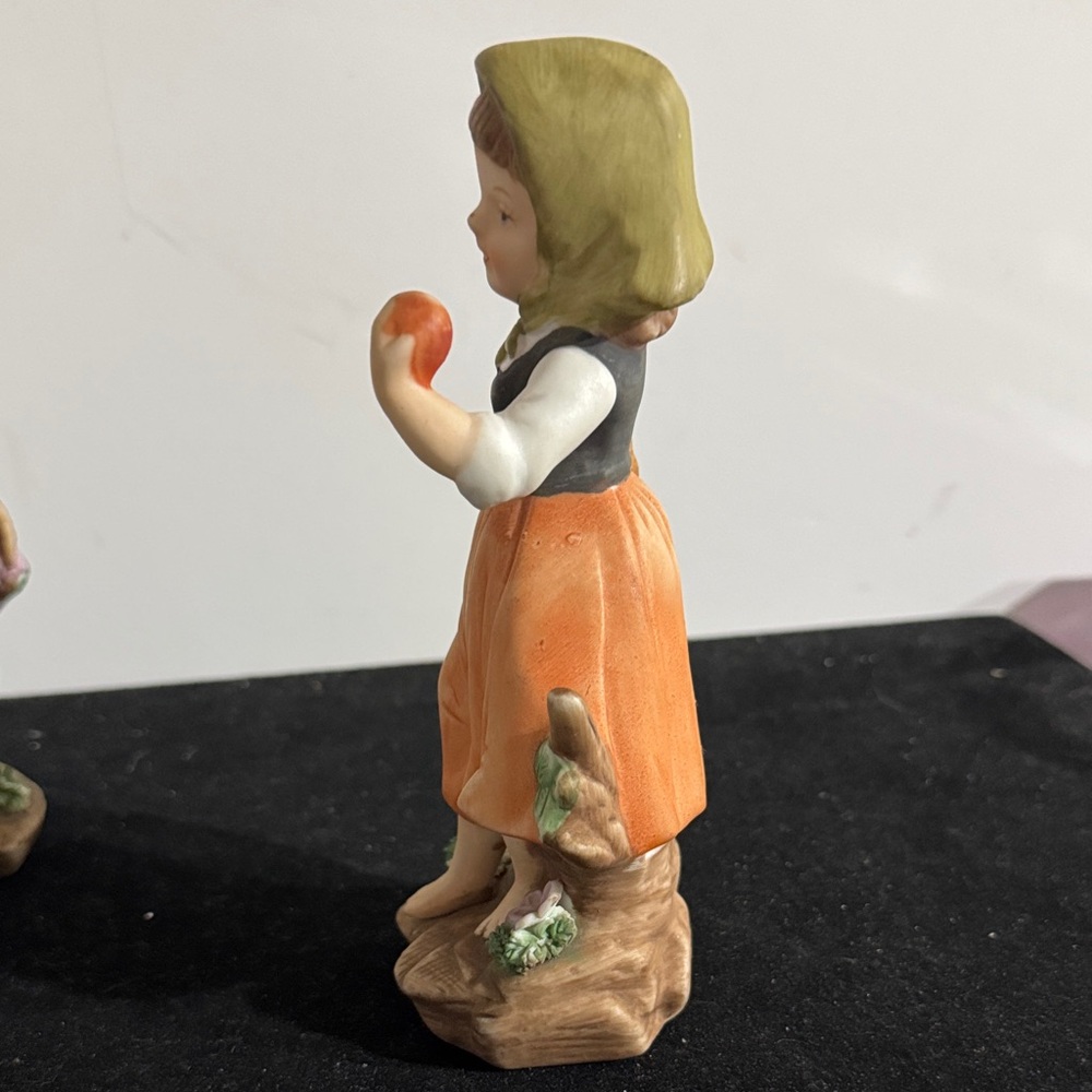 vintage hand-painted porcelain figurines of a boy and girl carrying baskets. - Picture 16 of 16